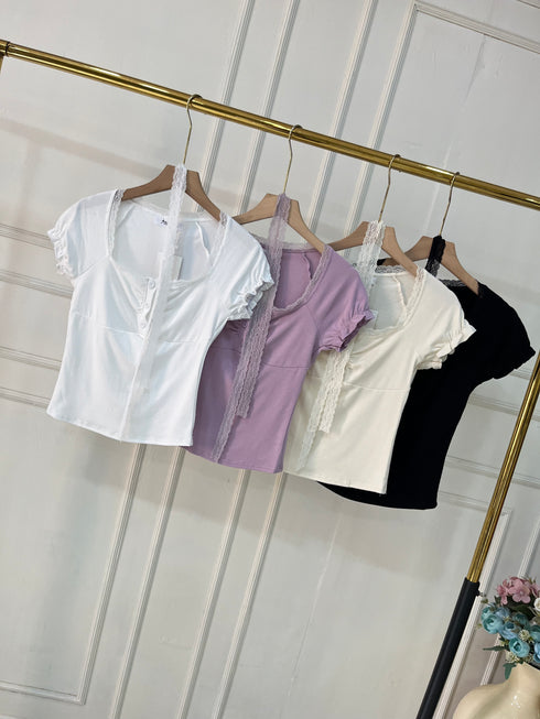 Wide Neck Button Down Lace Detail Tops